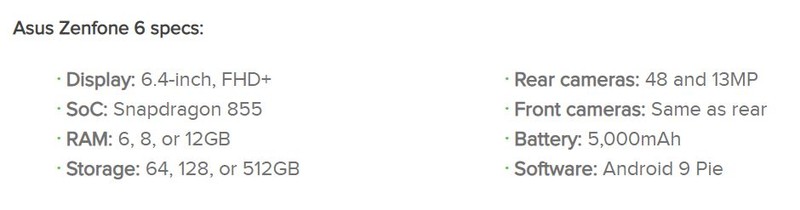 Thông số Asus Zenfone 6 (Ảnh: Android Authority) Thông số Asus Zenfone 6 (Ảnh: Android Authority)