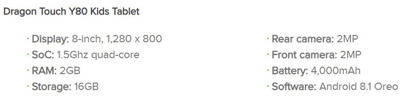 Thông số của chiếc Dragon Touch Y80 Kids (Ảnh: Android Authority) Thông số của chiếc Dragon Touch Y80 Kids (Ảnh: Android Authority)