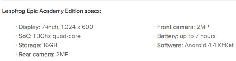 Thông số của chiếc Leapfrog Epic Acadamy Edition (Ảnh: Android Authority) Thông số của chiếc Leapfrog Epic Acadamy Edition (Ảnh: Android Authority)