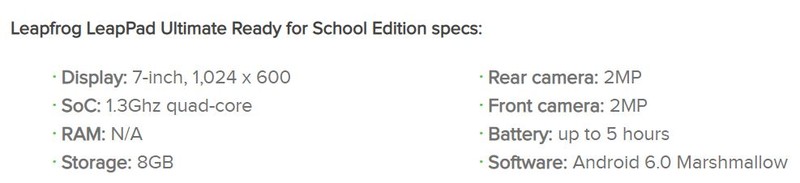 Thông số của chiếc Leapfrog LeapPad Ultimate Ready for Schoole Edition (Ảnh: Androi Authority) Thông số của chiếc Leapfrog LeapPad Ultimate Ready for Schoole Edition (Ảnh: Androi Authority)