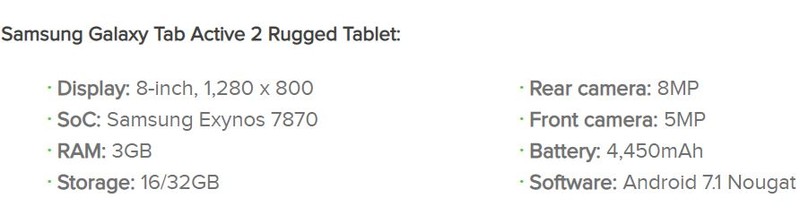 Thông số của chiếc Samsung Galaxy Tab Active 2 Rugged (Ảnh: Android Authority) Thông số của chiếc Samsung Galaxy Tab Active 2 Rugged (Ảnh: Android Authority)