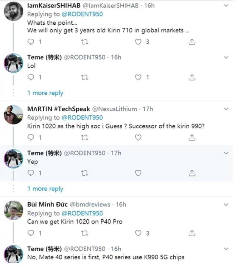 Người dùng này cho rằng dòng chip Kirin 1020 sẽ được sử dụng trên sản phẩm Mate 40 sắp tới của Huawei (Ảnh: Twitter) Người dùng này cho rằng dòng chip Kirin 1020 sẽ được sử dụng trên sản phẩm Mate 40 sắp tới của Huawei (Ảnh: Twitter)