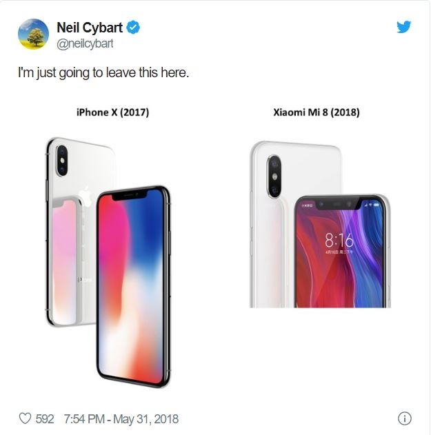 Chiếc Xiaomi Mi 8 bị chỉ trích rất nhiều vì bị cho là ăn cắp trắng trợn thiết kế của chiếc iPhone X (Nguồn: Twitter)