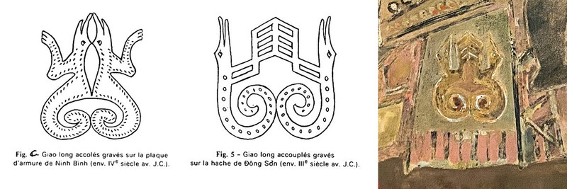 Họa tiết cá sấu (giao long) trên giáp và rìu Đông Sơn trong khoảng thế kỷ 3 - 4 TCN.