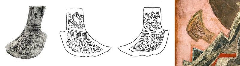 Rìu đồng với hoa văn người và động vật cách điệu.