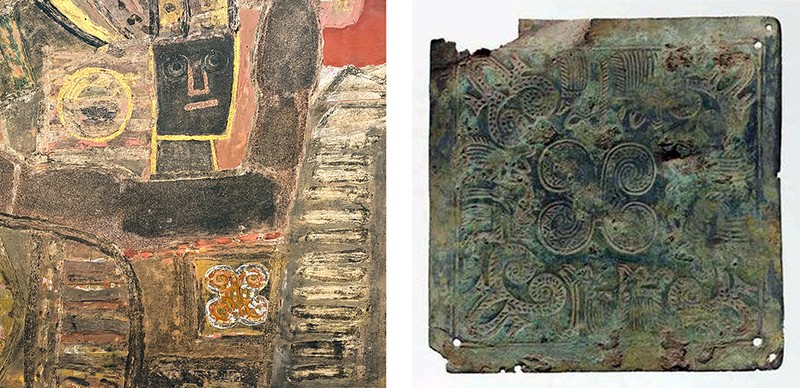 Hộ tâm phiến trang trí hình giao long, phát hiện tại Ninh Bình. Hiện vật (phải) đang được trưng bày tại Bảo tàng Lịch sử Quốc gia.