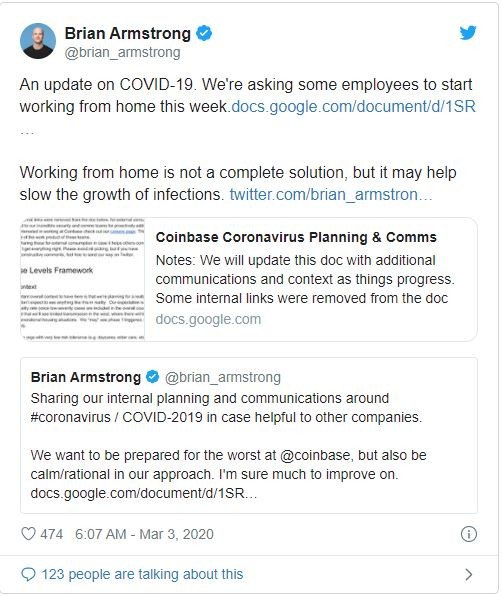 Bài đăng của ông Brian Armstrong trên Twitter (Nguồn: Twitter)