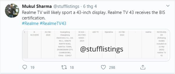 Những thông tin về chiếc Realme TV được chia sẻ trên Twitter (Ảnh: @stufflistings)