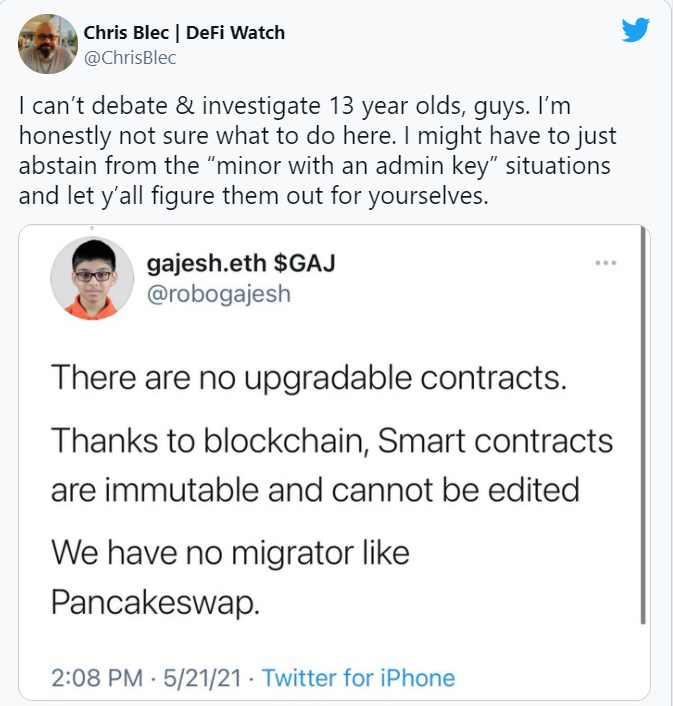 Blec nhấn mạnh rằng Naik vẫn còn quá trẻ để hiểu được rủi ro tiềm ẩn của DeFi (Ảnh: Twitter) Blec nhấn mạnh rằng Naik vẫn còn quá trẻ để hiểu được rủi ro tiềm ẩn của DeFi (Ảnh: Twitter)