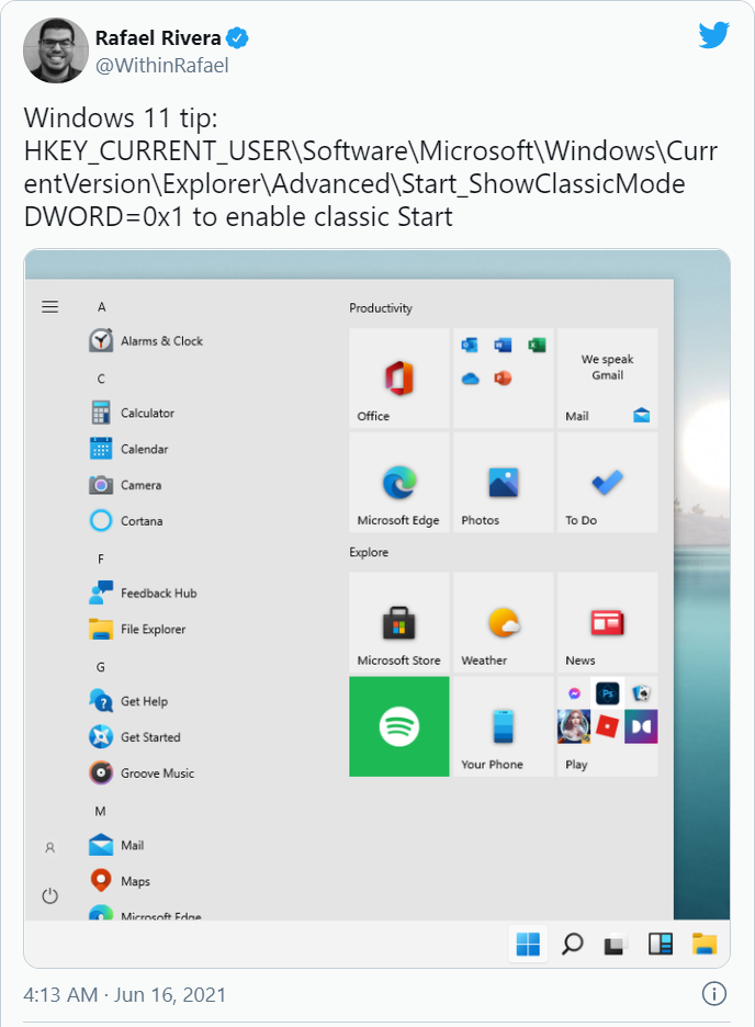Bài viết trên Twitter chia sẻ cách chuyển giao diện Start Menu về Windows 10 (Ảnh: Twitter) Bài viết trên Twitter chia sẻ cách chuyển giao diện Start Menu về Windows 10 (Ảnh: Twitter)