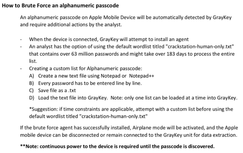 Đoạn hướng dẫn sử dụng GrayKey bị rò rỉ trên mạng (Ảnh: Apple Insider) Đoạn hướng dẫn sử dụng GrayKey bị rò rỉ trên mạng (Ảnh: Apple Insider)