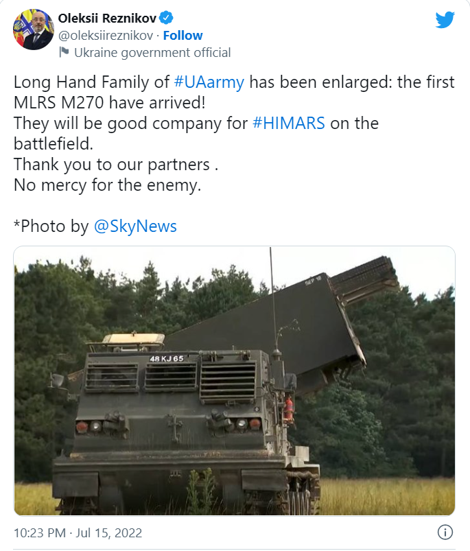 Bài đăng trên Twitter của Bộ trưởng Quốc phòng Ukraine - Oleksii Reznikov vào hôm qua (Ảnh: The Drive)