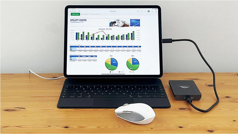 IPad Pro 12.9 inch ở chế độ laptop với ổ cứng rời và chuột Bluetooth (Ảnh: ZDNet)