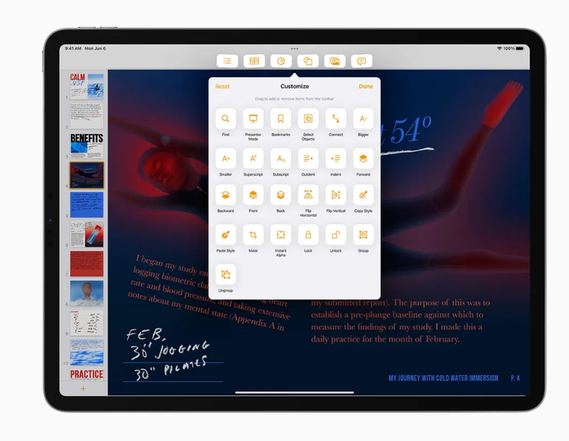 Với iPadOS 16, Apple hứa hẹn sẽ có các ứng dụng &apos;đẳng cấp dành cho máy tính để bàn&apos; với các tính năng nâng cao năng suất làm việc như thanh công cụ có thể tùy chỉnh (Ảnh: ZDNet)