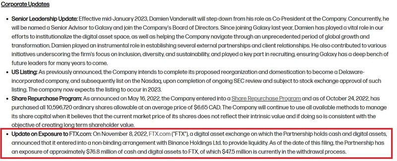 Galaxy Digital tiết lộ mối quan hệ đối tác với FTX trong báo cáo quý 3/2022 (Nguồn: Galaxy Digital)