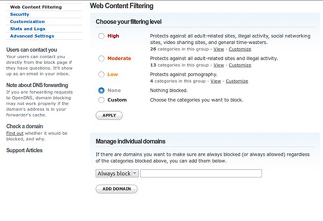 Chọn mức lọc nội dung trên giao diện web của OpenDNS.