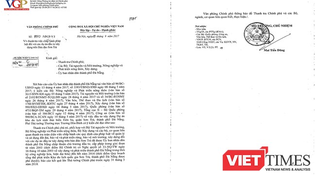 Văn bản chỉ đạo của Phó Thủ tướng Thường trực Trương Hòa Bình giao cho Thanh tra Chính phủ chủ trì, phối hợp với các Bộ, cơ quan điều tra việc chấp hành pháp luật đối với các dự án đầu tư xây dựng trên Bán đảo Sơn Trà.