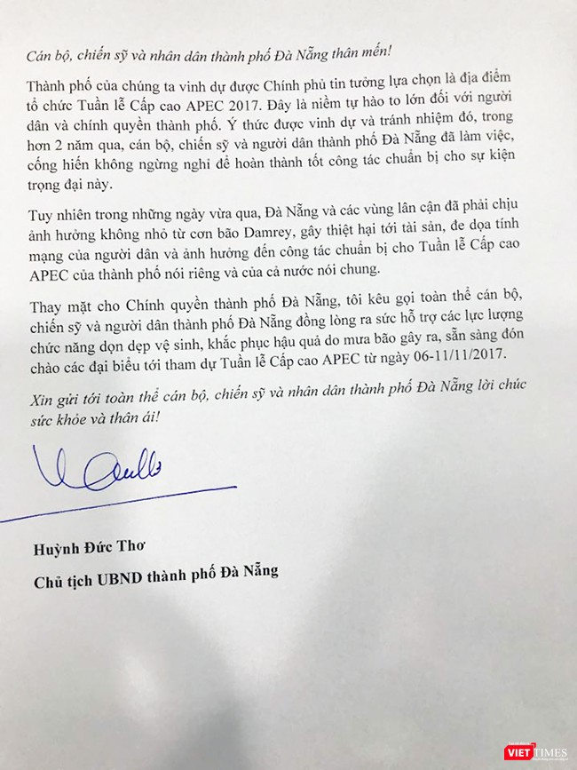 Thư kêu gọi của Chủ tịch UBND TP Đà Nẵng Huỳnh Đức Thơ
