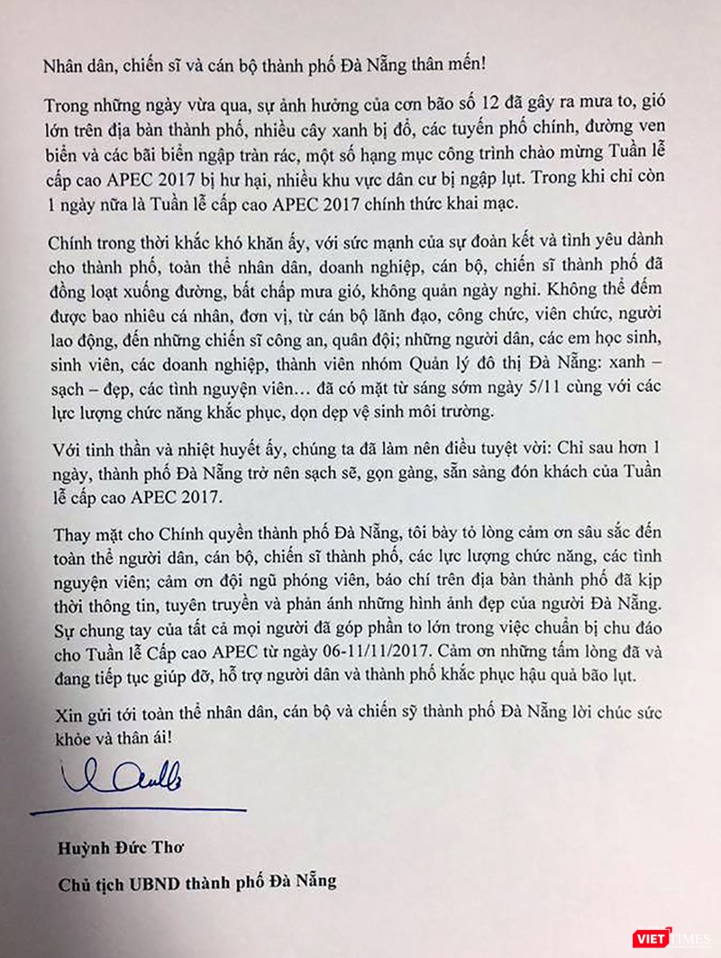 Thư cảm ơn của Chủ tịch UBND TP Đà Nẵng Huỳnh Đức Thơ