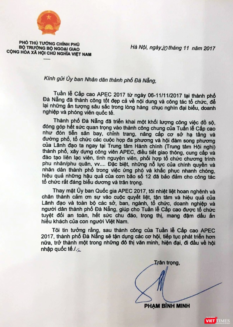 Thư cảm ơn của Chủ tịch ủy ban APEC quốc gia 2017, Phó Thủ tướng, Bộ Trưởng Bộ Ngoại giao Phạm Bình Binh cũng đã gửi đến nhân dân TP Đà Nẵng