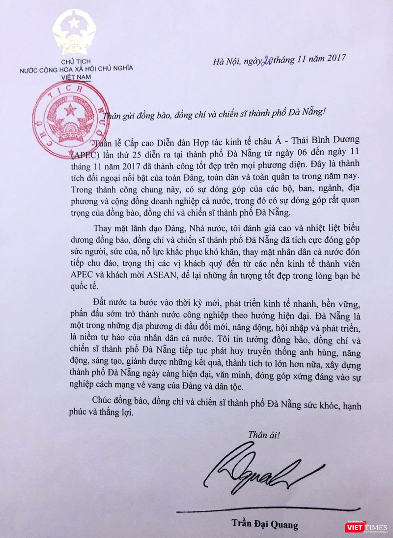 Thư của Chủ tịch nước Trần Đại Quang gửi nhân dân TP Đà Nẵng