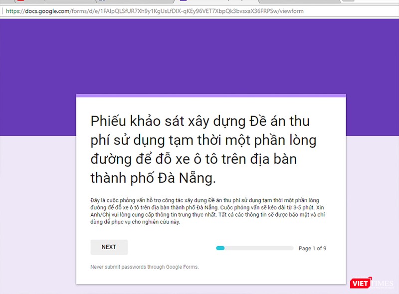 Phiếu khảo sát lấy ý kiến người dân về thu phí đậu đỗ xe trên một số tuyến đường
