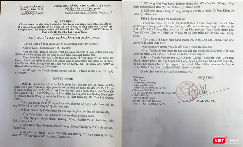 Quyết định thành lập Đoàn Thanh tra liên ngành của UBND tỉnh Quảng Nam để tiến hành tranh tra các vấn đề pháp lý liên quan đến đô đất A51 và A52 hiện do vợ của nguyên Bí thư Tỉnh ủy Quảng Nam sở hữu.