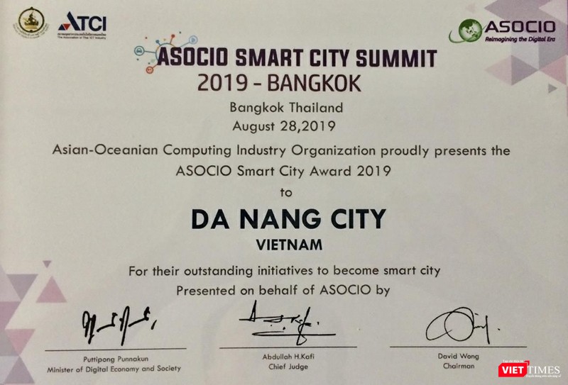 Chứng nhận giải thưởng "ASOCIO Smart city 2019” của TP Đà Nẵng do ASOCIO trao tặng