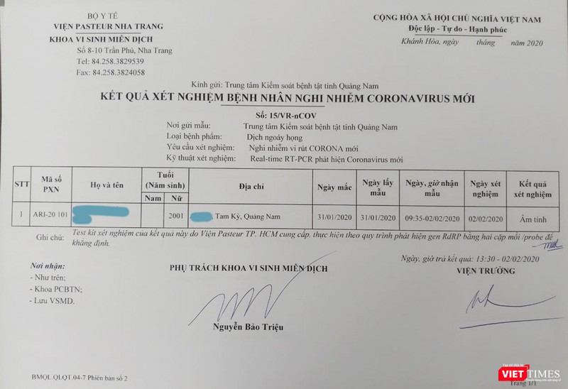 Phiếu xét nghiệm bệnh phẩm của nữ sinh viên N.T.H.N (Quảng Nam) đã âm tính với virus corona.