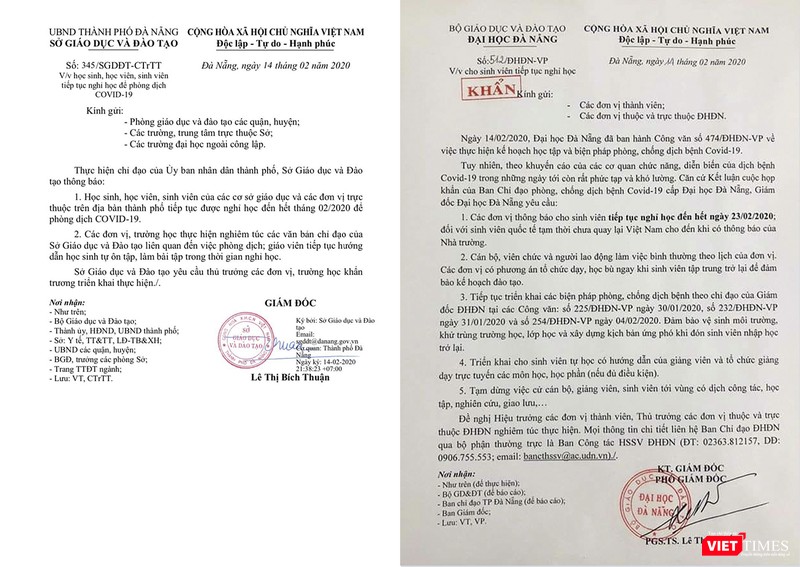 Văn bản của  Sở GD&ĐT TP Đà Nẵng ra thông báo cho học sinh, sinh viên trên địa bàn TP nghỉ học đến hết tháng 02/2020, theo ý kiến của Chủ tịch UBND TP Đà Nẵng.