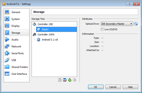 Thêm đĩa CD ảo dạng ISO vào máy ảo muốn cài Android.