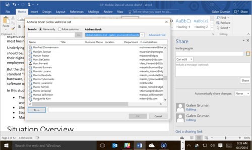 Hình 7. Cửa sổ chia sẻ (Sharing pane) ở bên phải của một tập tin mở trong Office 2016. khi cần, bấm nút mở sổ địa chỉ để tìm đồng nghiệp công ty từ danh sách Exchange Global Address List (bên trái). Hình 7. Cửa sổ chia sẻ (Sharing pane) ở bên phải của một tập tin mở trong Office 2016. khi cần, bấm nút mở sổ địa chỉ để tìm đồng nghiệp công ty từ danh sách Exchange Global Address List (bên trái).