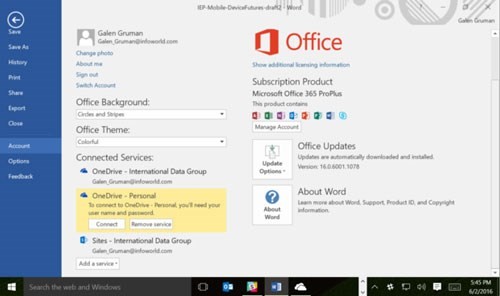 Chuyển đổi tài khoản Office 365 trong Office 2016 cho Windows từ cửa sổ File. Chuyển đổi tài khoản Office 365 trong Office 2016 cho Windows từ cửa sổ File.