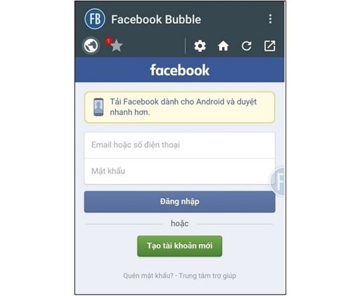 Ở lần sử dụng đầu tiên, Bubble for Facebook yêu cầu người dùng đăng nhập tài khoản Facebook của mình.