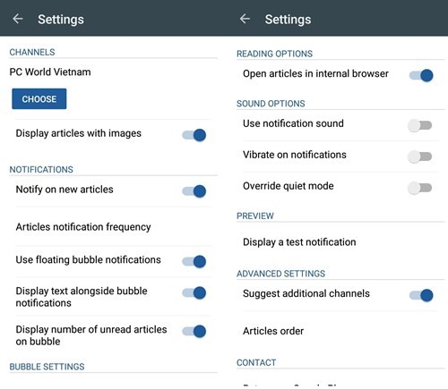 Danh sách các thiết lập của Bubble for Facebook.