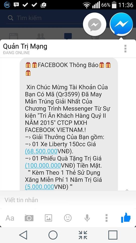 Một tin nhắn lừa đảo trúng thưởng điển hình qua mạng xã hội Facebook. Một tin nhắn lừa đảo trúng thưởng điển hình qua mạng xã hội Facebook.
