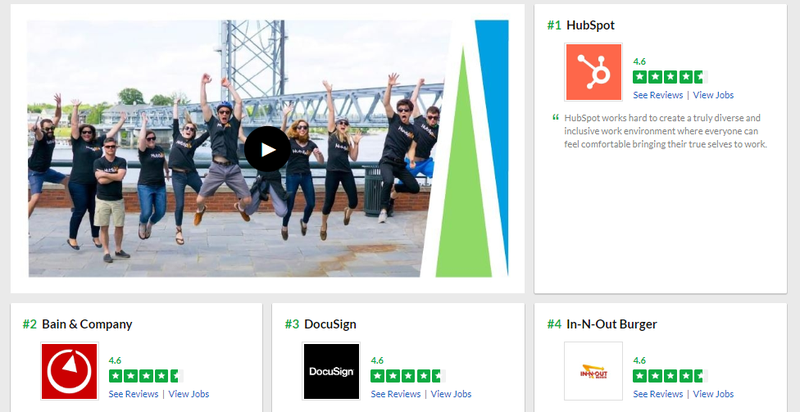 Bảng xếp hạng nơi tốt nhất đê làm việc của Glassdoor. Ảnh: Glassdoor.
