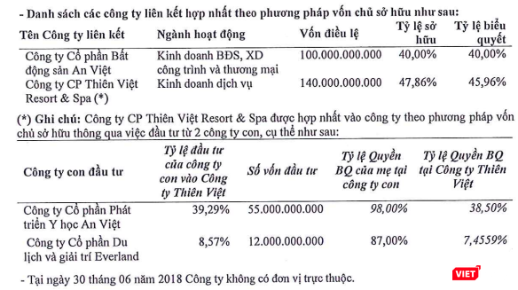 Chi tiết góp vốn vào các công ty con và công ty liên kết của EVG tới ngày 30/6/2018