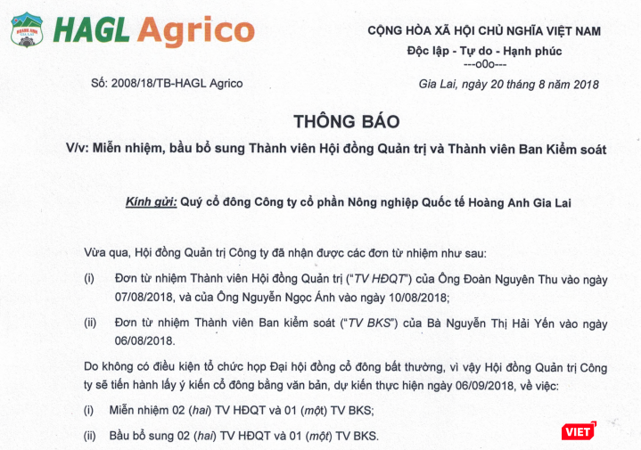 Thông báo của HAGL Agrico về miễn nhiệm, bầu bổ sung Thành viên HĐQT và Thành viên BKS (Nguồn: HNG) Thông báo của HAGL Agrico về miễn nhiệm, bầu bổ sung Thành viên HĐQT và Thành viên BKS (Nguồn: HNG)