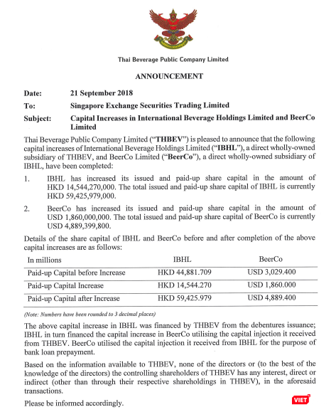 Nội dung thông báo của ThaiBev về việc tăng vốn tại IHBL và BeerCo (Ảnh chụp màn hình: ThaiBev)