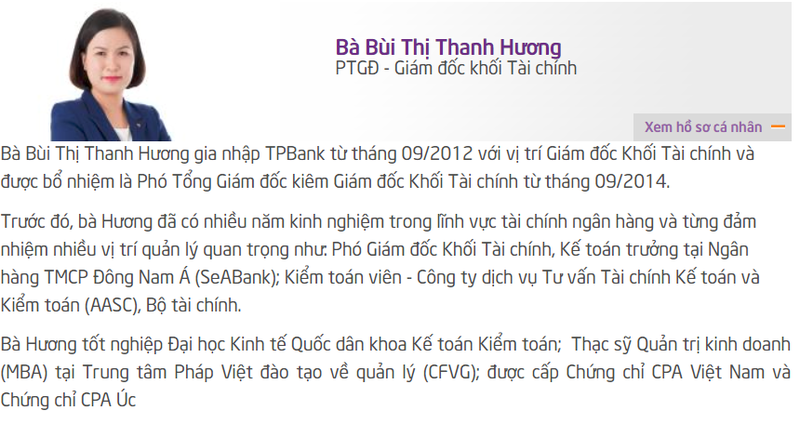 Phần giới thiệu về bà Bùi Thị Thanh Hương trên trang chủ của TPBank (Nguồn: TPBank)