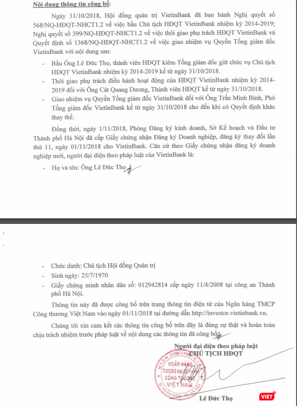 Trích công bố của Vietinbank.