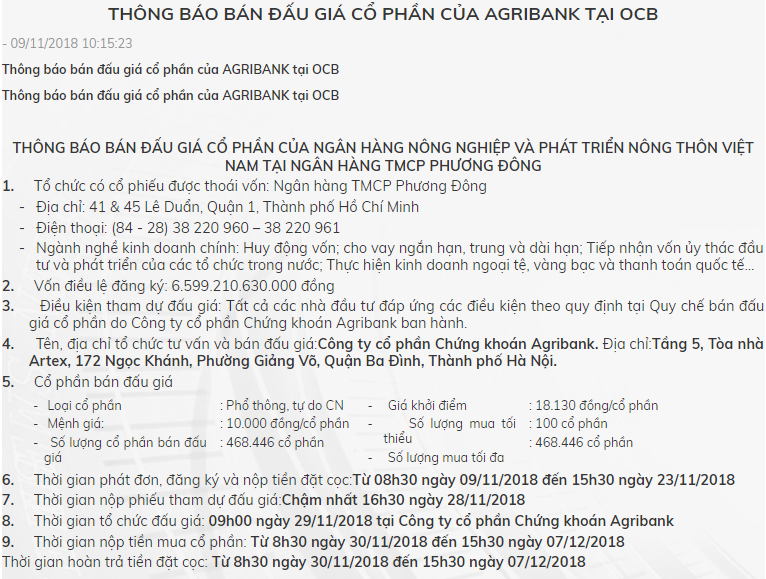 Thông báo bán đấu giá cổ phần của Agribank tại OCB trên trang chủ của Agriseco (Nguồn: AGR) Thông báo bán đấu giá cổ phần của Agribank tại OCB trên trang chủ của Agriseco (Nguồn: AGR)