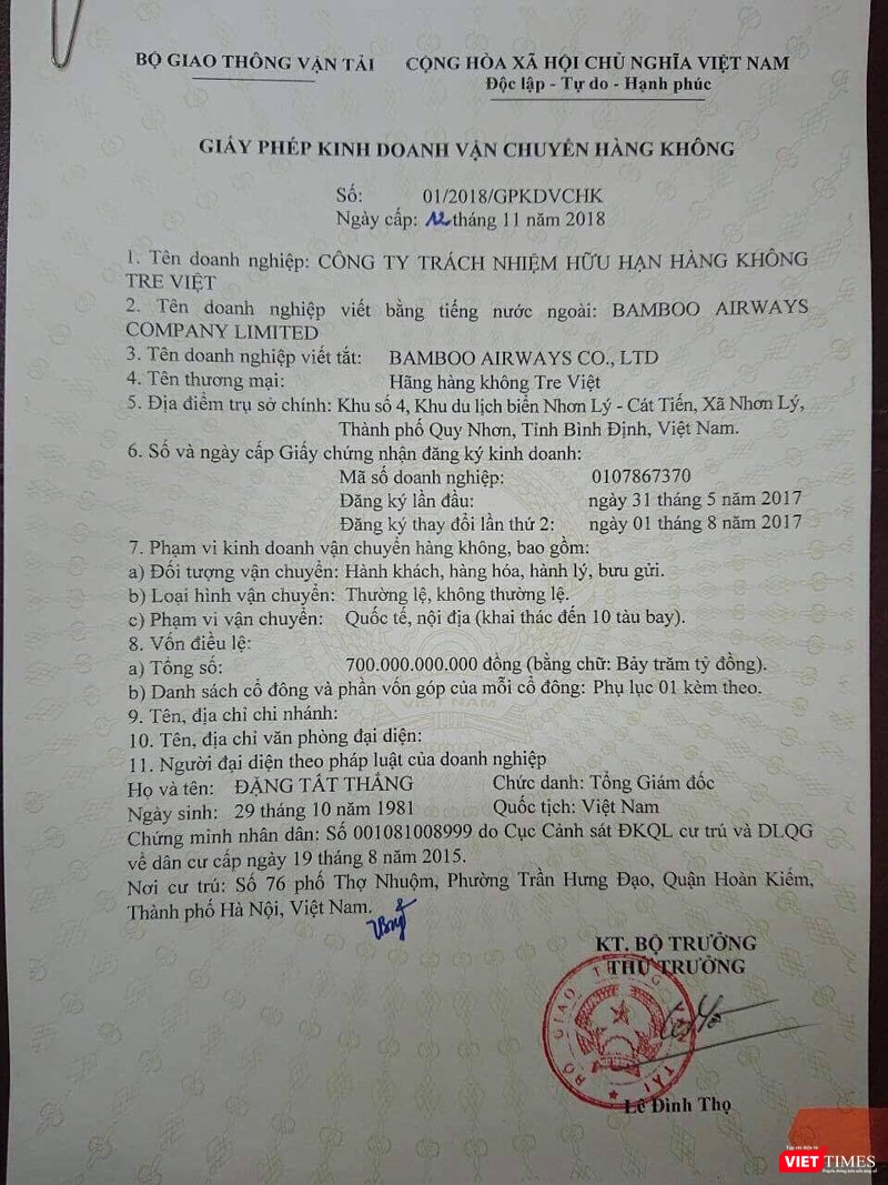 Giấy phép bay của Bamboo Airways được Bộ GTVT cấp ngày 12/11/2018.