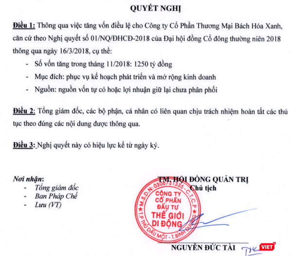 Quyết định tăng vốn tại CTCP Thương Mại Bách Hóa Xanh của Thế giới di động (Nguồn: SSC)