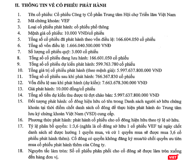 Một số thông tin về đợt phát hành riêng lẻ cho cổ đông hiện hữu của CTCP Trung tâm Hội chợ triển lãm Việt Nam (Nguồn: VEF) Một số thông tin về đợt phát hành riêng lẻ cho cổ đông hiện hữu của CTCP Trung tâm Hội chợ triển lãm Việt Nam (Nguồn: VEF)