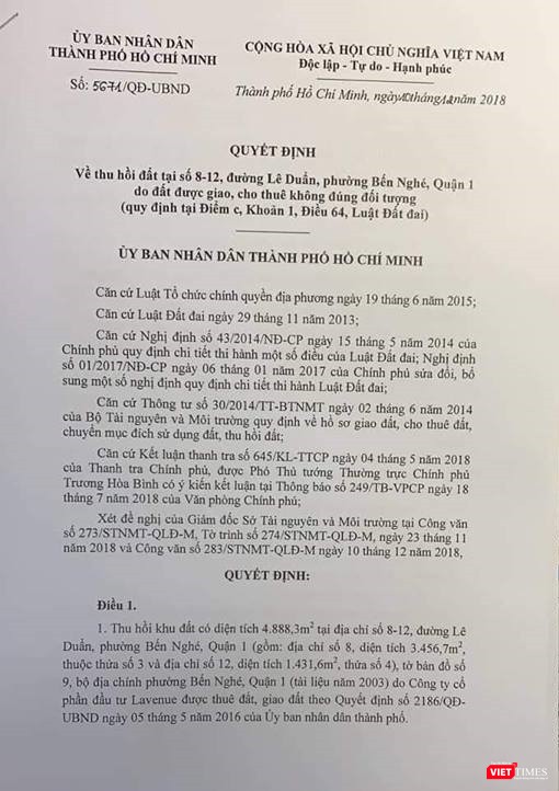 Quyết định của UBND Tp. Hồ Chí Minh về việc thu hồi khu "đất vàng" tại số 8-12 Lê Duẩn, Quận 1 Quyết định của UBND Tp. Hồ Chí Minh về việc thu hồi khu "đất vàng" tại số 8-12 Lê Duẩn, Quận 1