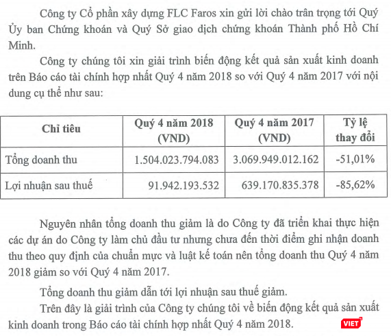 Nội dung giải trình biến động sản xuất kinh doanh Quý 4/2018 của FLC Faros (Nguồn: FLC Faros) ROS