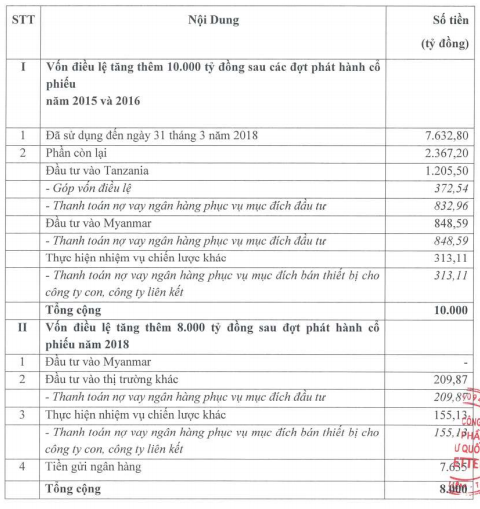 Báo cáo tình hình sử dụng vốn điều lệ năm 2018 của VGI (Nguồn: Viettel Global)