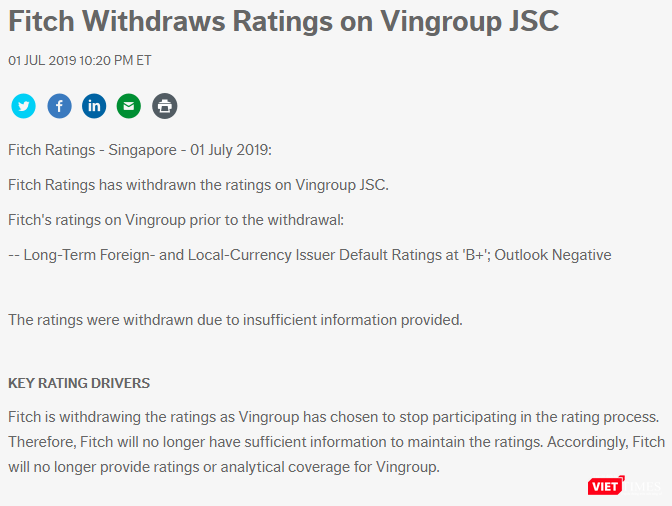 Thông báo của Fitch Ratings về việc dừng xếp hạng tín nhiệm với Vingroup (Ảnh chụp màn hình - Nguồn: fitchratings.com)
